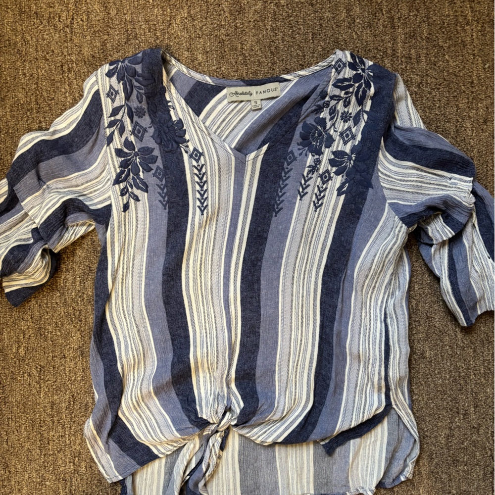 Blue and White Striped Blouse with Floral Design